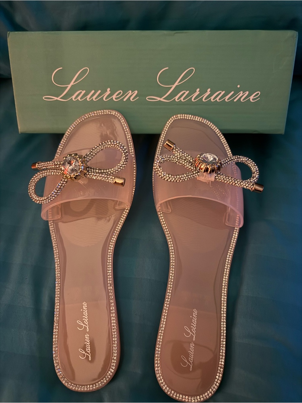 Lauren Lorraine Blush Pink Jeweled Bow Slide Sandals